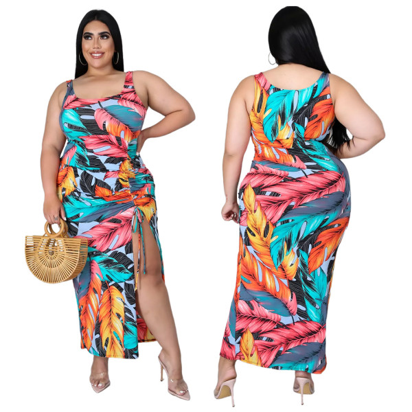 Fashion printed pleated slit dress AP7033
