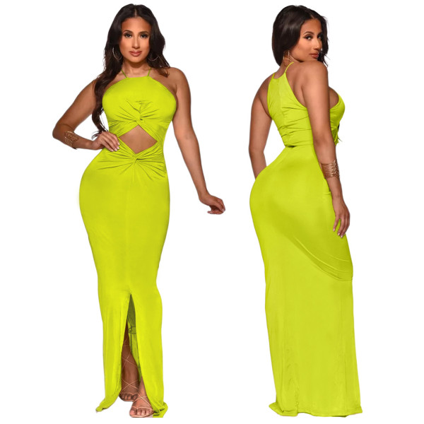 Pure color sexy hollow slit and knotted zipper dress GL6392