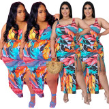 Fashion printed pleated slit dress AP7033