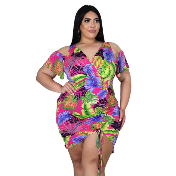 V-neck hollow off-the-shoulder smocked print dress AP7035