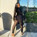 Sexy see-through mesh print one shoulder sleeve two-piece suit DM8181