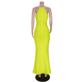 Pure color sexy hollow slit and knotted zipper dress GL6392