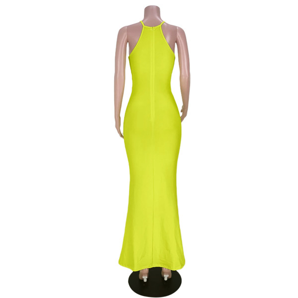 Pure color sexy hollow slit and knotted zipper dress GL6392