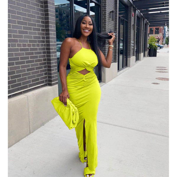 Pure color sexy hollow slit and knotted zipper dress GL6392