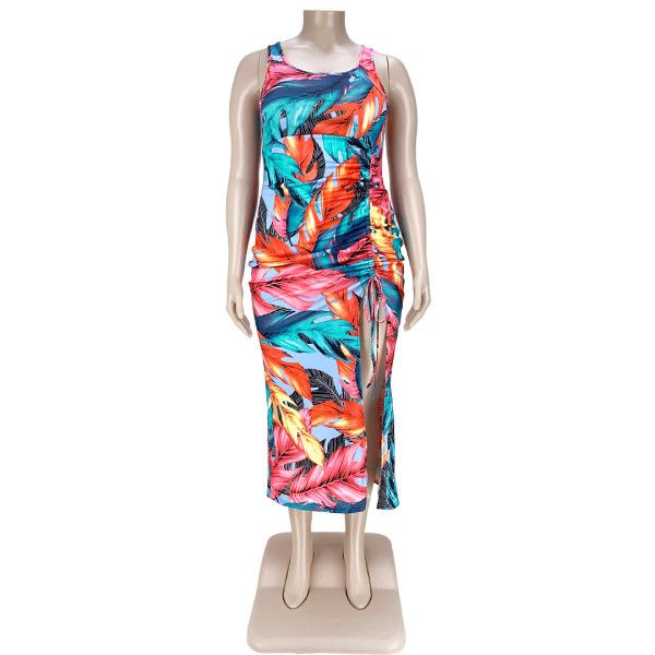 Fashion printed pleated slit dress AP7033