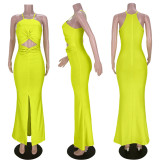 Pure color sexy hollow slit and knotted zipper dress GL6392