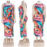 Fashion printed pleated slit dress AP7033