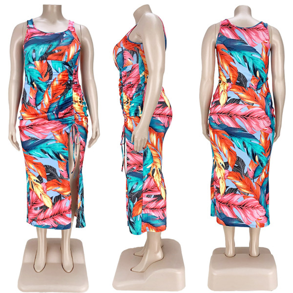 Fashion printed pleated slit dress AP7033