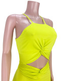 Pure color sexy hollow slit and knotted zipper dress GL6392