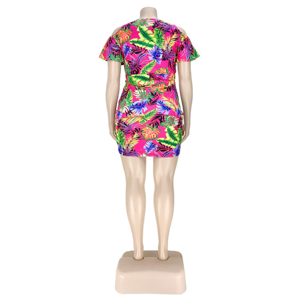 V-neck hollow off-the-shoulder smocked print dress AP7035