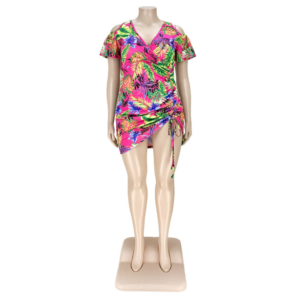 V-neck hollow off-the-shoulder smocked print dress AP7035