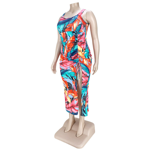 Fashion printed pleated slit dress AP7033