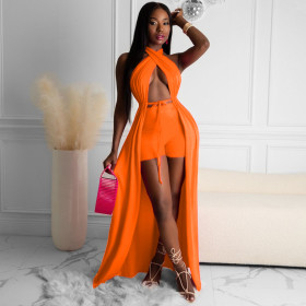 Lace-up halter one-piece cloak solid color two-piece suit BK001