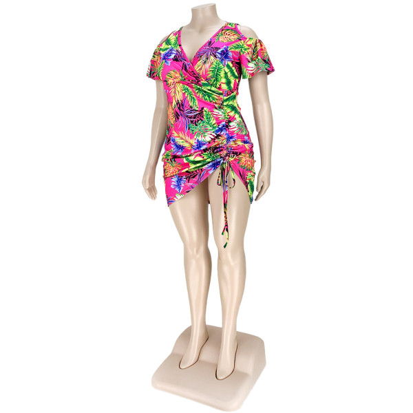 V-neck hollow off-the-shoulder smocked print dress AP7035