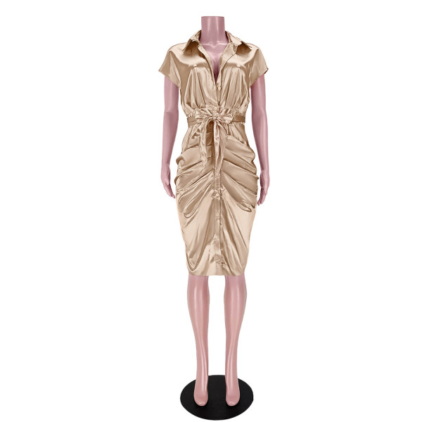 Reflective silk pleated tie shirt dress GL6393