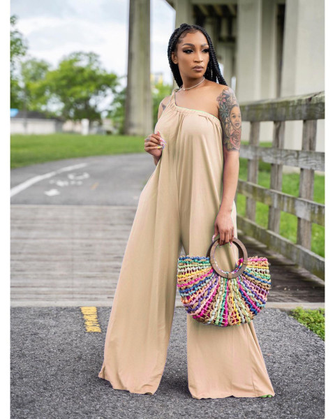Women's fashion loose slanted shoulder casual jumpsuit YT3273