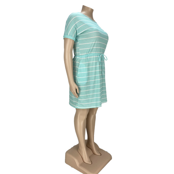 Striped drawstring tie plus size dress YT3279