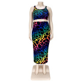 Leopard Printed Vest Slit Skirt AP7021