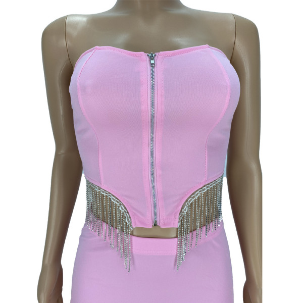 Sexy two-piece short skirt with fringed diamond wrapped chest YT3280