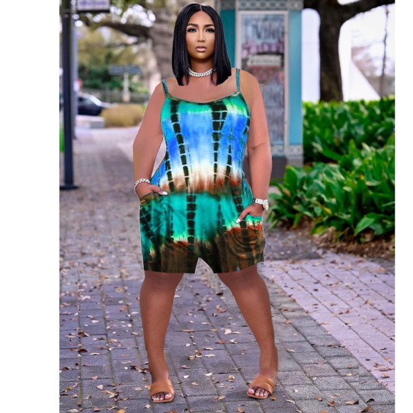 Tie-dye printed loose suspenders jumpsuit MN8360