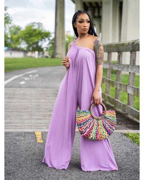 Women's fashion loose slanted shoulder casual jumpsuit YT3273