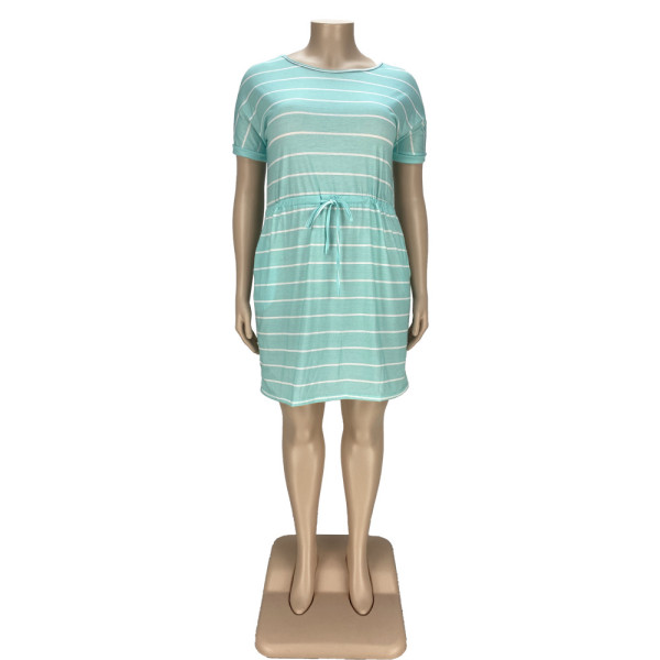 Striped drawstring tie plus size dress YT3279