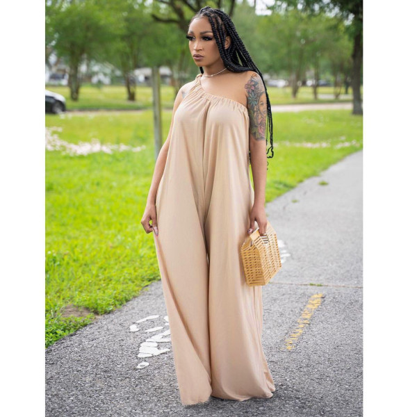 Women's fashion loose slanted shoulder casual jumpsuit YT3273