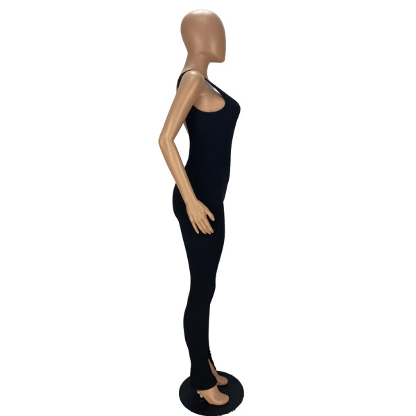 Sexy big backless U-neck jumpsuit with slit legs YT3271