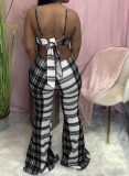 Check Print Loose Flare Sling Jumpsuit MN8348