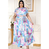 Two-piece skirt suit with big skirt and print tie YT3276
