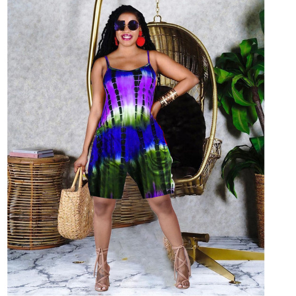 Tie-dye printed loose suspenders jumpsuit MN8360