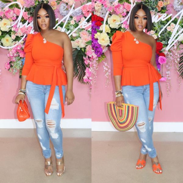 Slanted shoulder puff sleeve sexy cute top YT3265