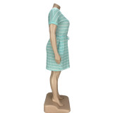 Striped drawstring tie plus size dress YT3279