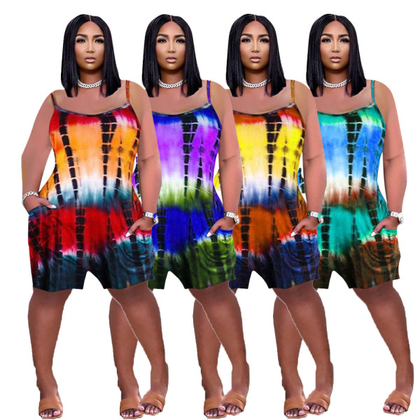 Tie-dye printed loose suspenders jumpsuit MN8360