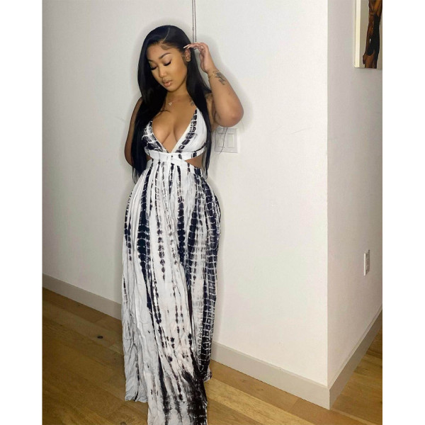 Sexy printed cross-tie V-neck slit dress GL6366