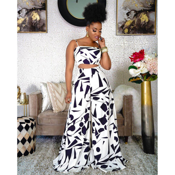 Two-piece set of wide-leg pants with printed zipper straps AP7026