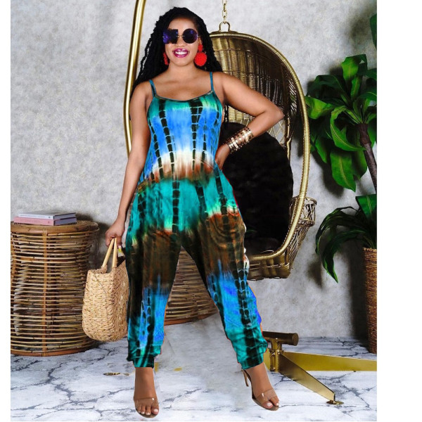 Tie-dye printed loose suspender jumpsuit MN8359