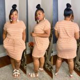 Striped drawstring tie plus size dress YT3279