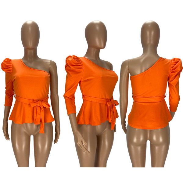 Slanted shoulder puff sleeve sexy cute top YT3265
