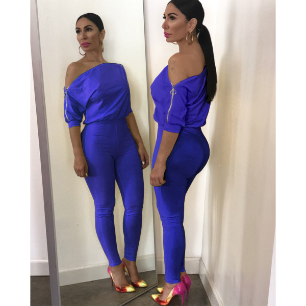 Sexy double zipper oblique shoulder off-shoulder collar solid color jumpsuit GL6118