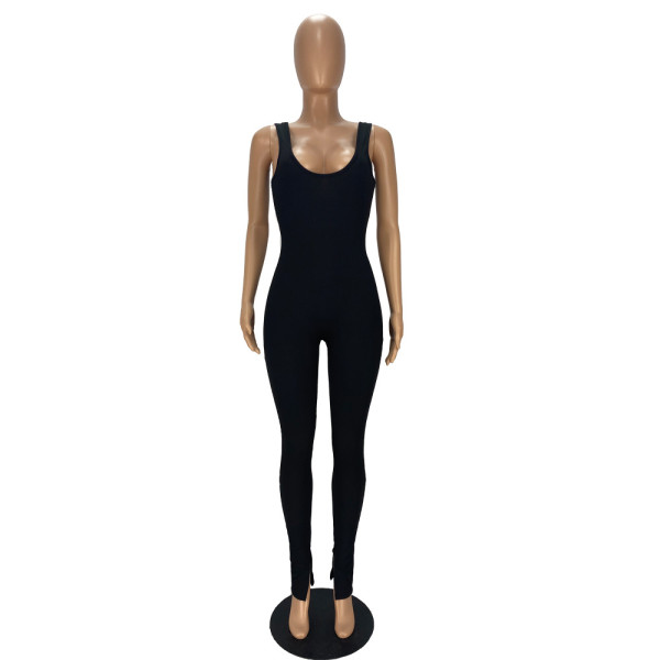 Sexy big backless U-neck jumpsuit with slit legs YT3271