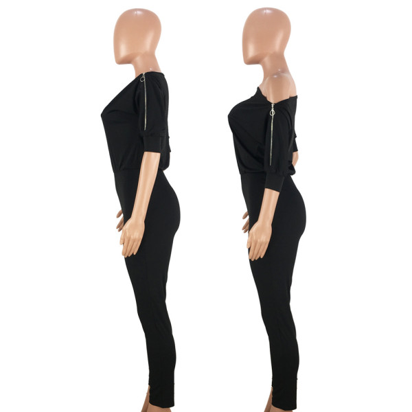 Sexy double zipper oblique shoulder off-shoulder collar solid color jumpsuit GL6118