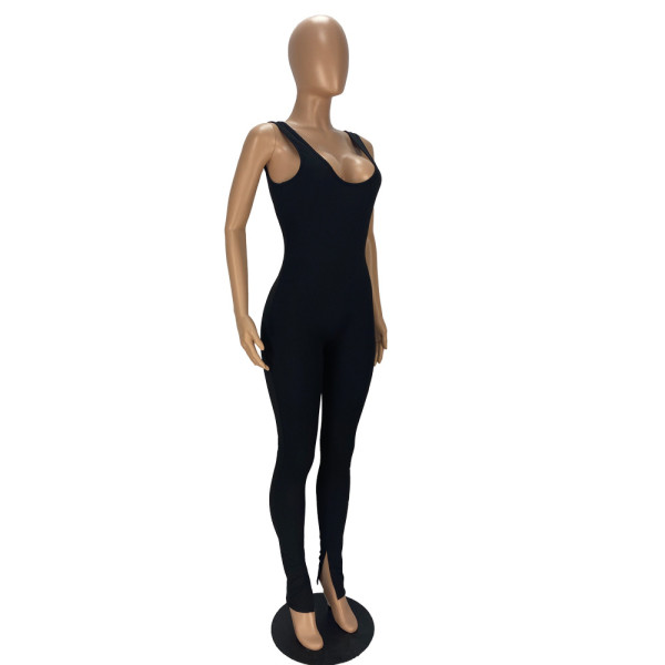 Sexy big backless U-neck jumpsuit with slit legs YT3271