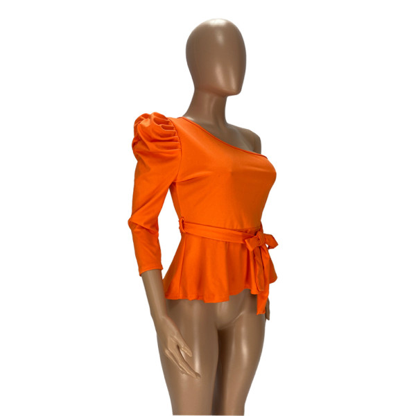 Slanted shoulder puff sleeve sexy cute top YT3265