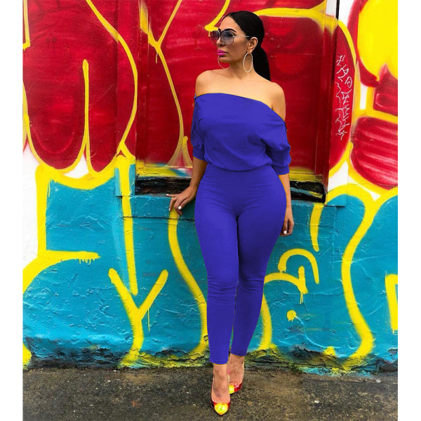 Sexy double zipper oblique shoulder off-shoulder collar solid color jumpsuit GL6118