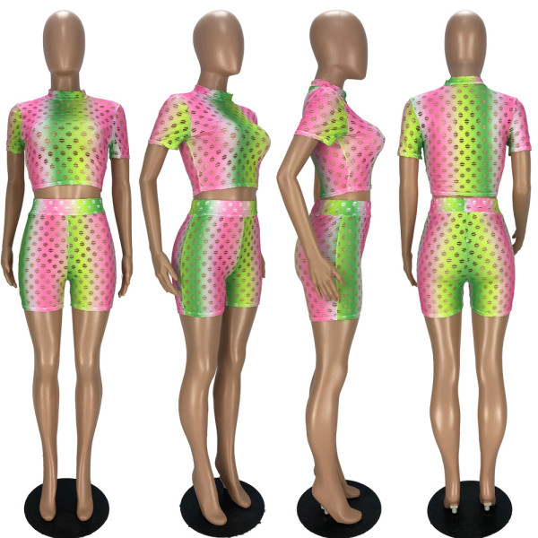 Fashion color sexy hollow perspective slim two-piece suit YT3275
