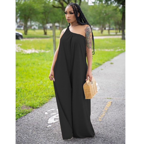 Women's fashion loose slanted shoulder casual jumpsuit YT3273