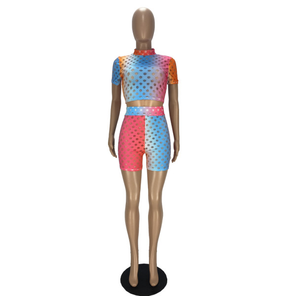 Fashion color sexy hollow perspective slim two-piece suit YT3275