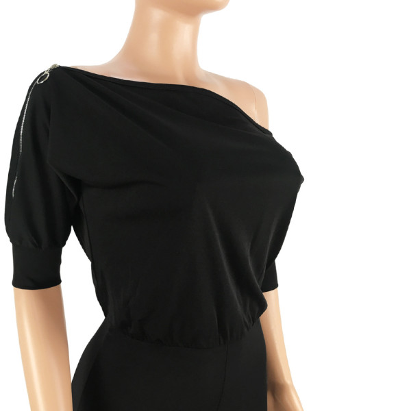 Sexy double zipper oblique shoulder off-shoulder collar solid color jumpsuit GL6118