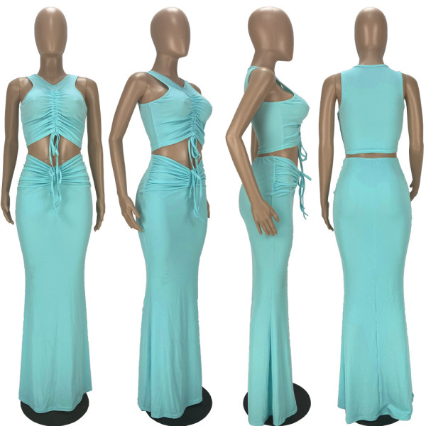 Pit stripe pleated mopping long skirt two-piece suit YT3278